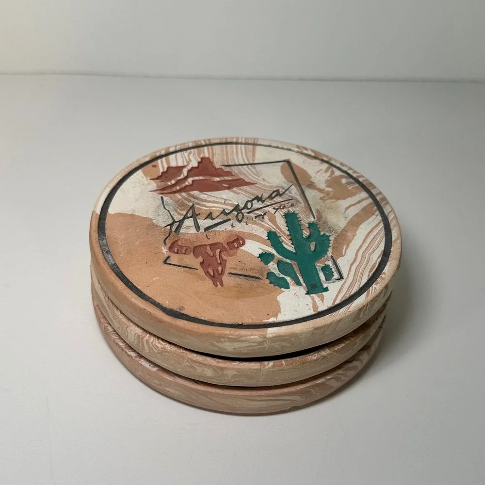 Vintage‎ Arizona Souvenir Stone Coasters Set of 3 Cactus Steer Skull Cork Back